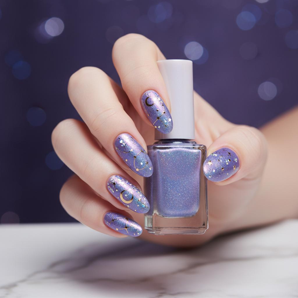 GLAZE ZMA047 Mystic Dream - Iridescent purple nail art with celestial patterns