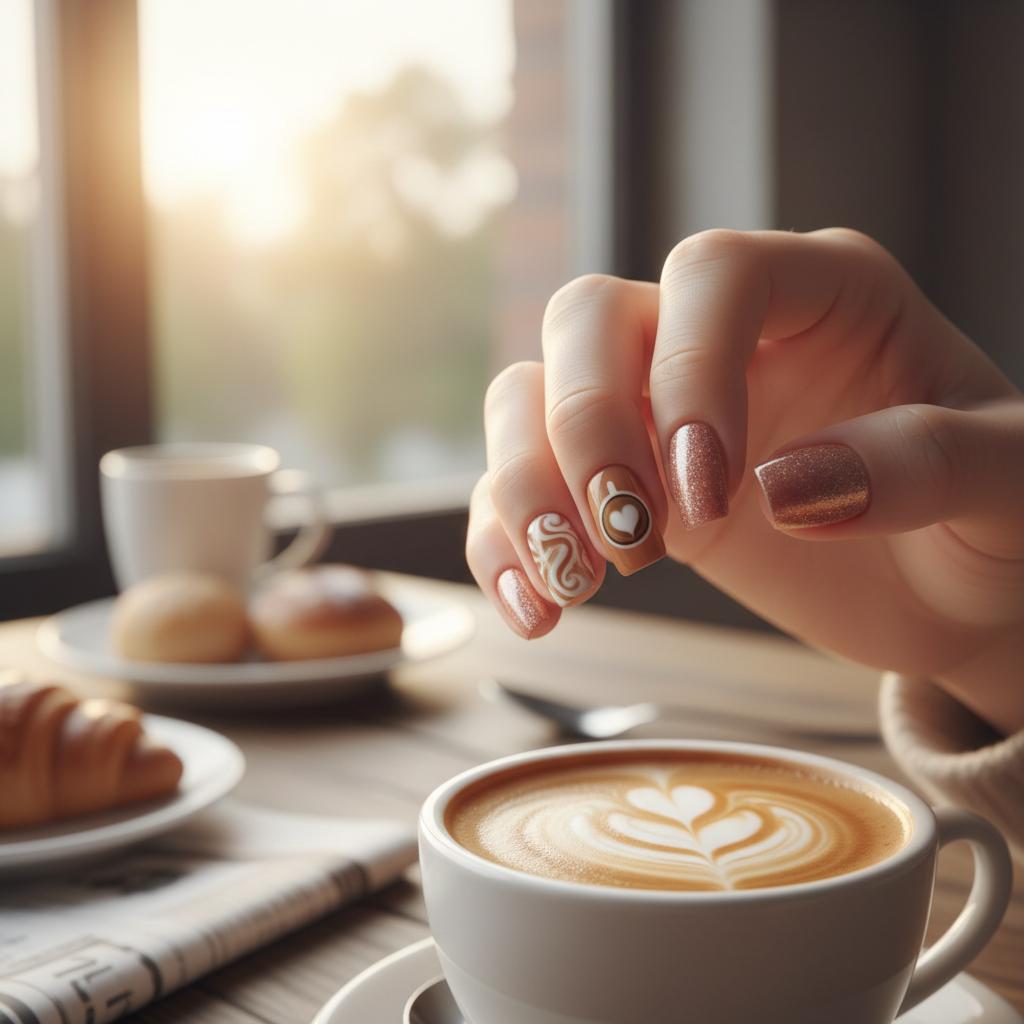 GVP166 Brunch Cafe - Warm caramel coffee-inspired nail art