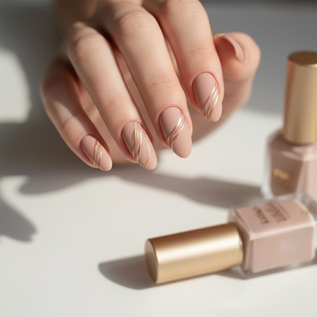 MDR493SS Brushed On - Matte nude nails with gold accent lines